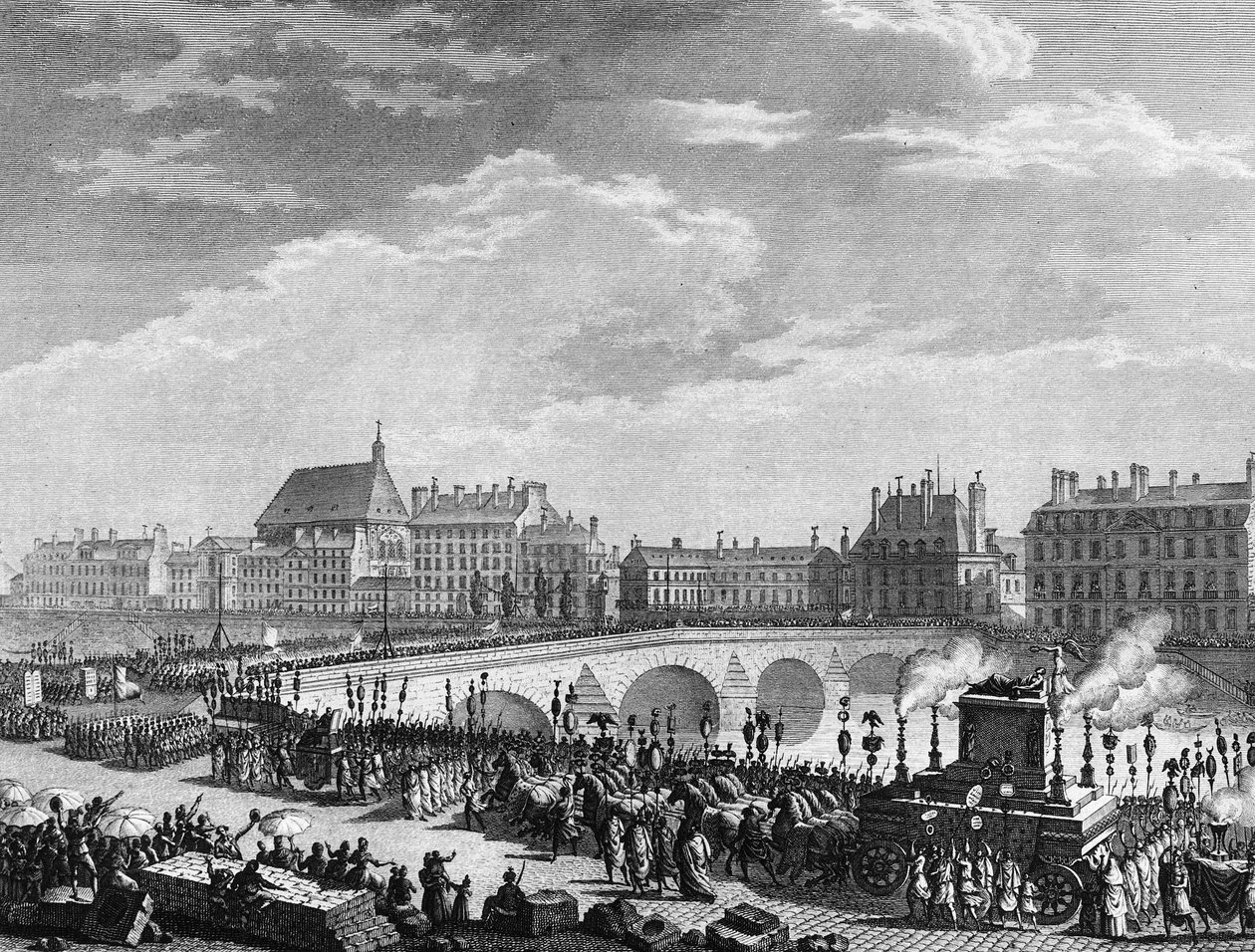 Ranskan vallankumous: Francois Marie Arouet dit Voltairen (1694-1778) voitto 11. heinäkuuta 1791 (Voltairen jäänteiden funebretankki kulkee Kuninkaallisella sillalla). Kaiverrus Berthaut Priorin jälkeen. Pariisi, Historian instituutin kirjasto tekijältä Jean Louis II (after) Prieur