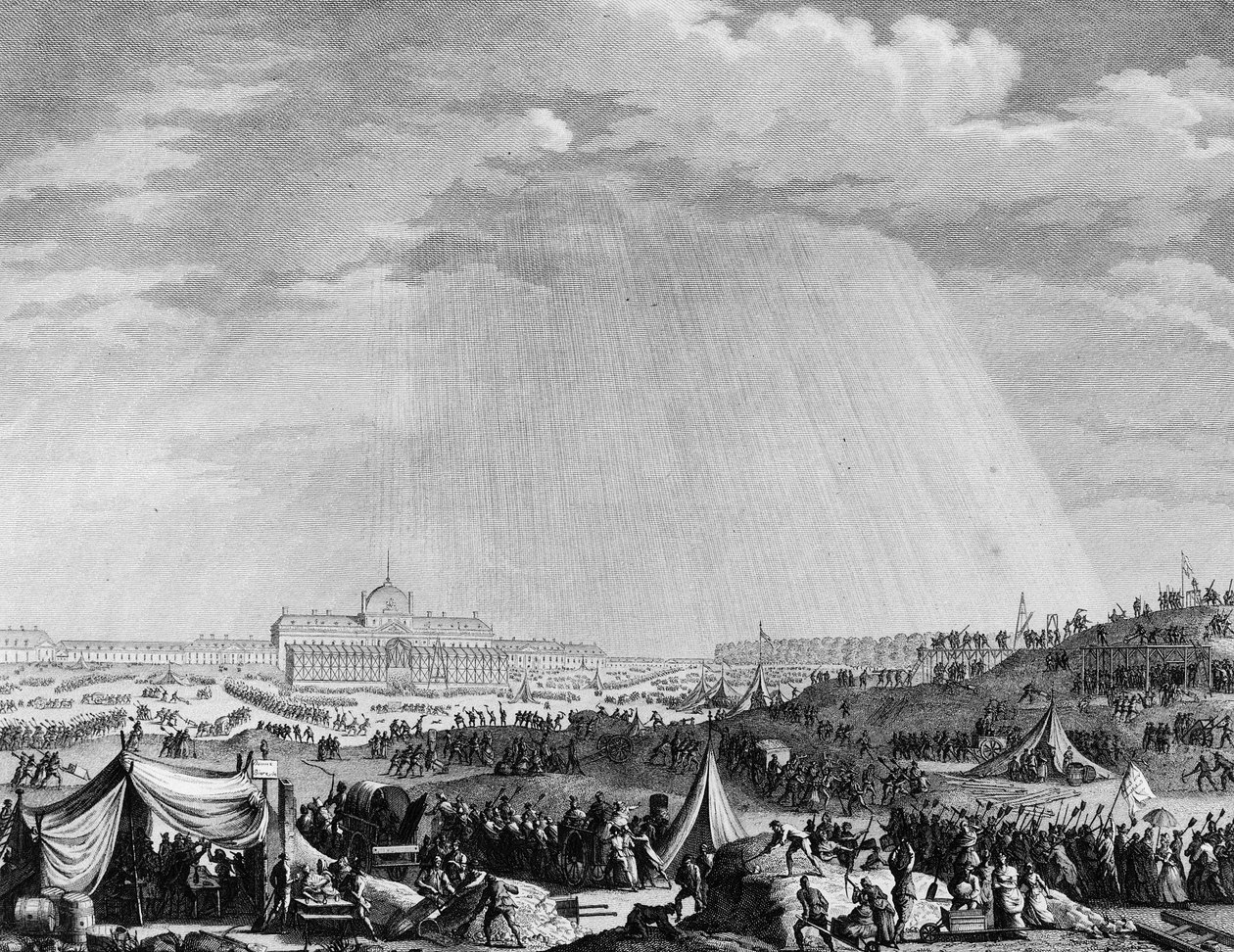 Ranskan vallankumous: Champs de Marsin töitä Pariisissa federaation juhlaa varten 14. heinäkuuta tekijältä Jean Louis II (after) Prieur