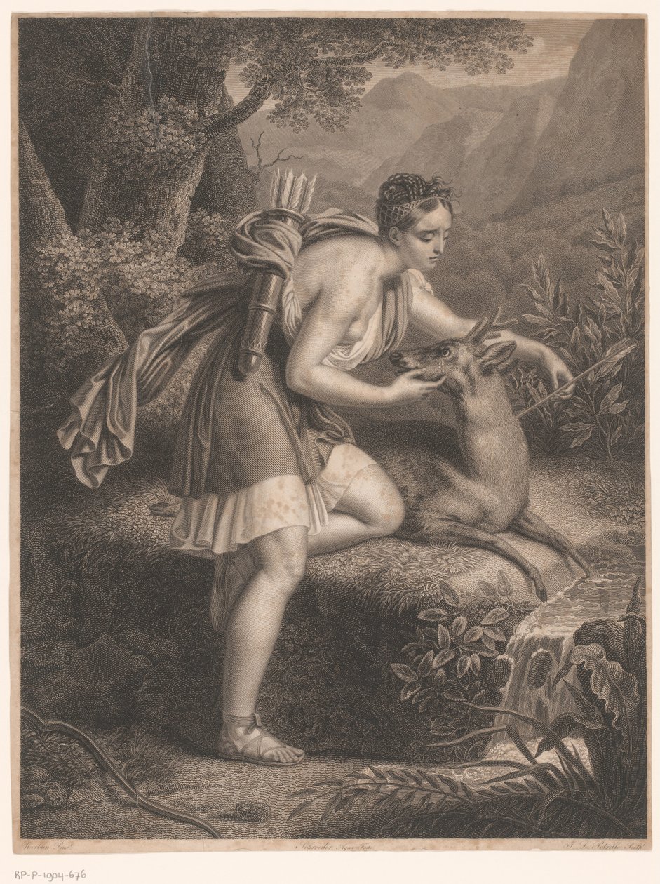 Dianan nymfi ottaa nuolen hirven kaulasta La Nymphe de Diane (otsikko esineessä) tekijältä Jean Louis Potrelle