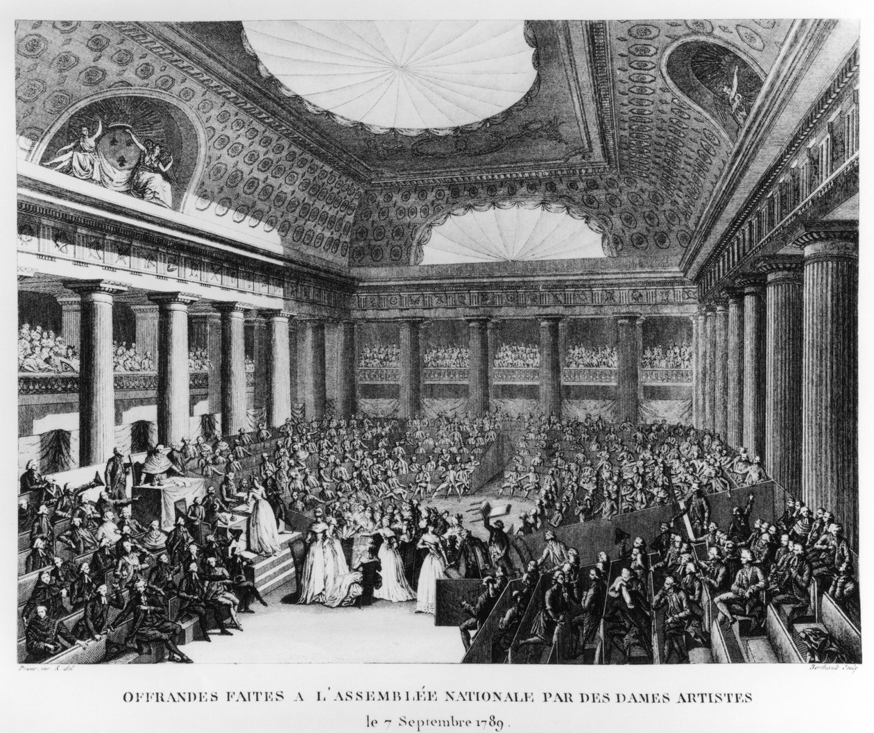 Naistaiteilijoiden tarjoukset kansalliskokoukselle Salle des Menus-Plaisirsissa, 7. syyskuuta 1789, kaiverrus Pierre Gabriel Berthault (1737-1831) tekijältä Jean Louis Prieur