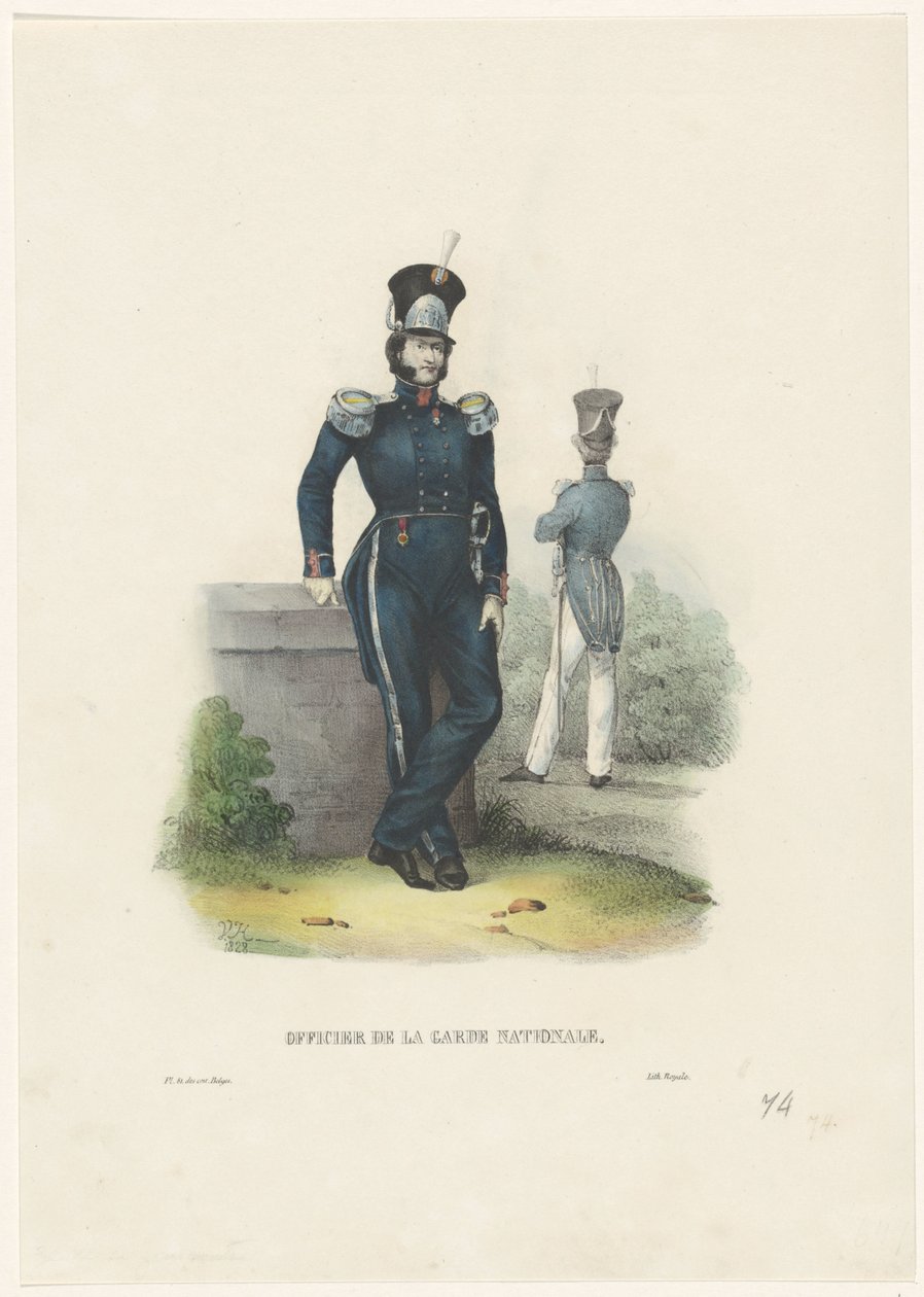 Kansalliskaartin upseeri, 1828 Kansalliskaartin upseeri (nimi esineessä) Belgialaiset puvut: vanha ja moderni, sotilaallinen, siviili- ja uskonnollinen, 1830 (sarjan nimi) tekijältä Jean Louis Van Hemelryck