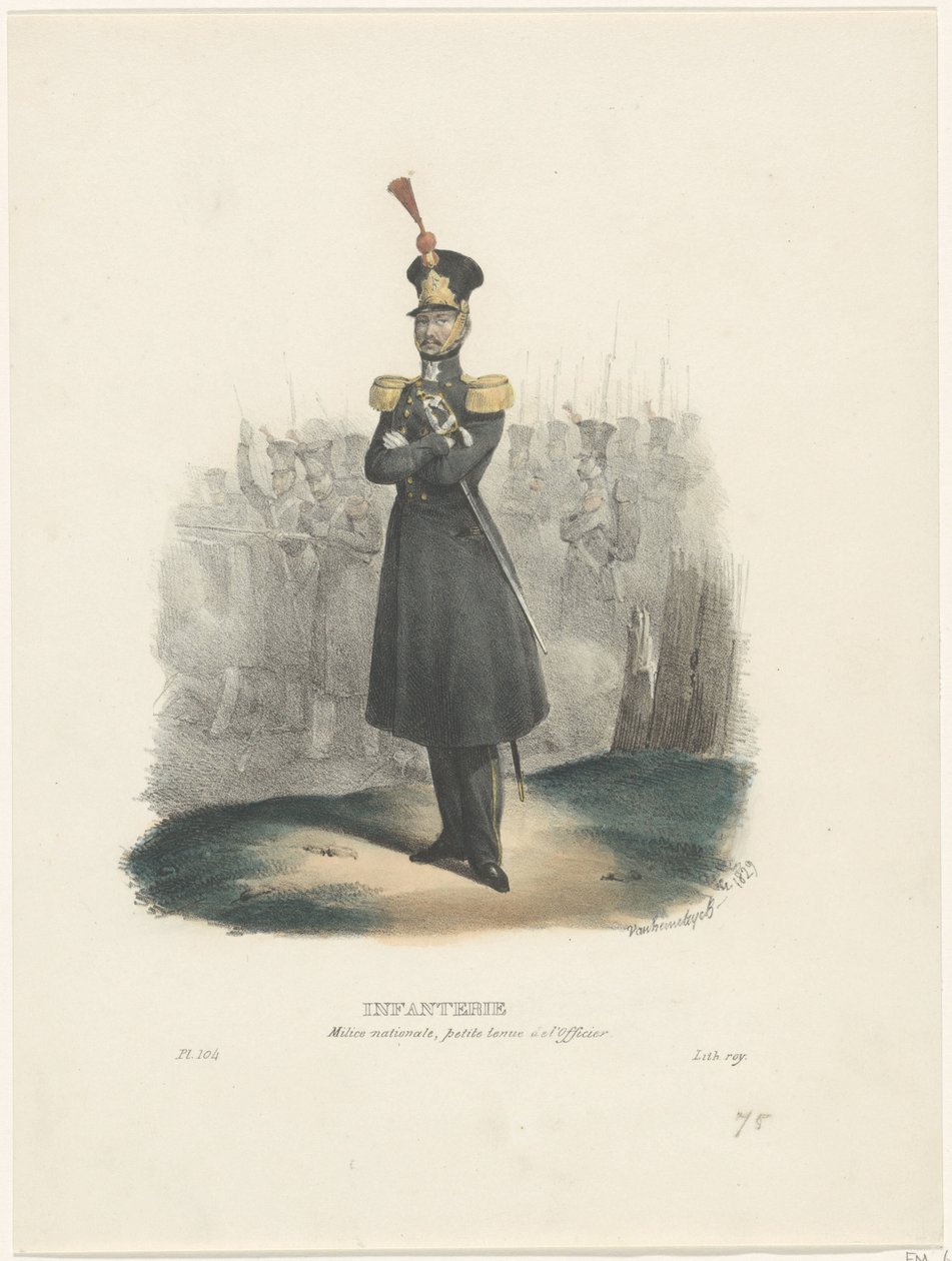 Kansallisarmeijan upseeri, 1829 Jalkaväki / kansallinen miliisi, upseerin riisuminen (nimi esineessä) Belgialaiset puvut: vanha ja moderni, sotilaallinen, siviili- ja uskonnollinen, 1830 (sarjan nimi) tekijältä Jean Louis Van Hemelryck