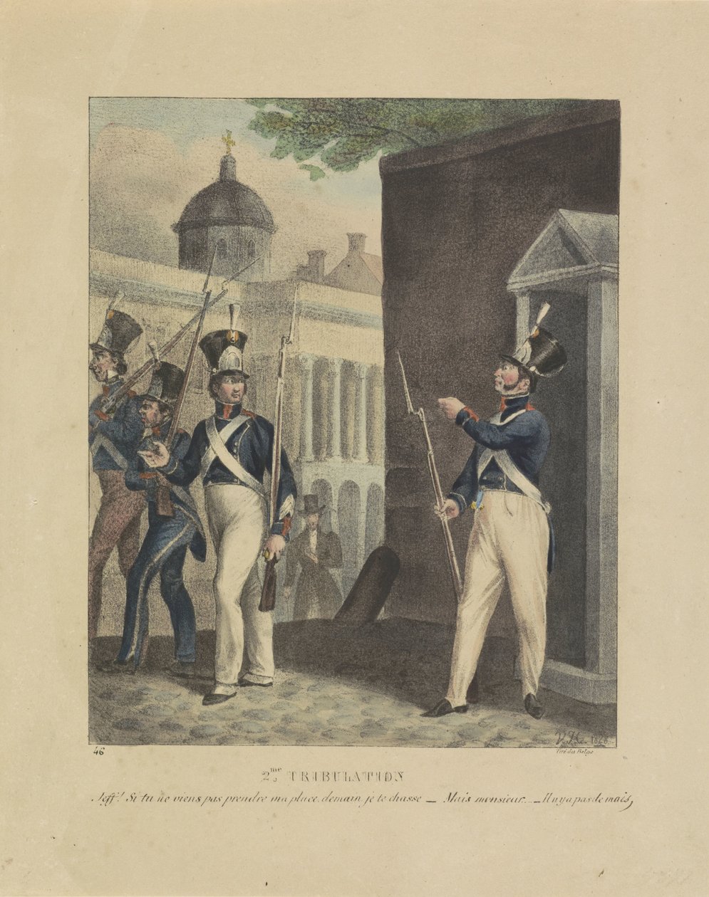 Toinen oikeudenkäynti, 1828 2. ahdistus. Jeff! si tu ne viens pas prendre ma paikka, demain je te chasse - Mais monsieur - Il n y a pas de mais (otsikko esineessä) Sarjakuvat Belgian kiväärien epäsuhtaisuudesta, 1828 (sarjan nimi) tekijältä Jean Louis Van Hemelryck