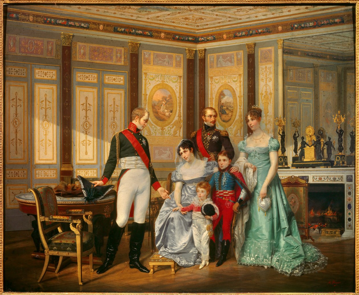 Impress Josephine de Beauharnais (1763-1814) otti vastaan tsaari Alexandre I:n (1777-1825), jolle hän suositteli lapsiaan toukokuussa 1814 Impressiä ympäröi Eugene Rose de Beauharnais dit Prince Eugene (1781-1824), Hortense de Beauharnais. (1783 tekijältä Jean Louis Victor Viger du Vigneau