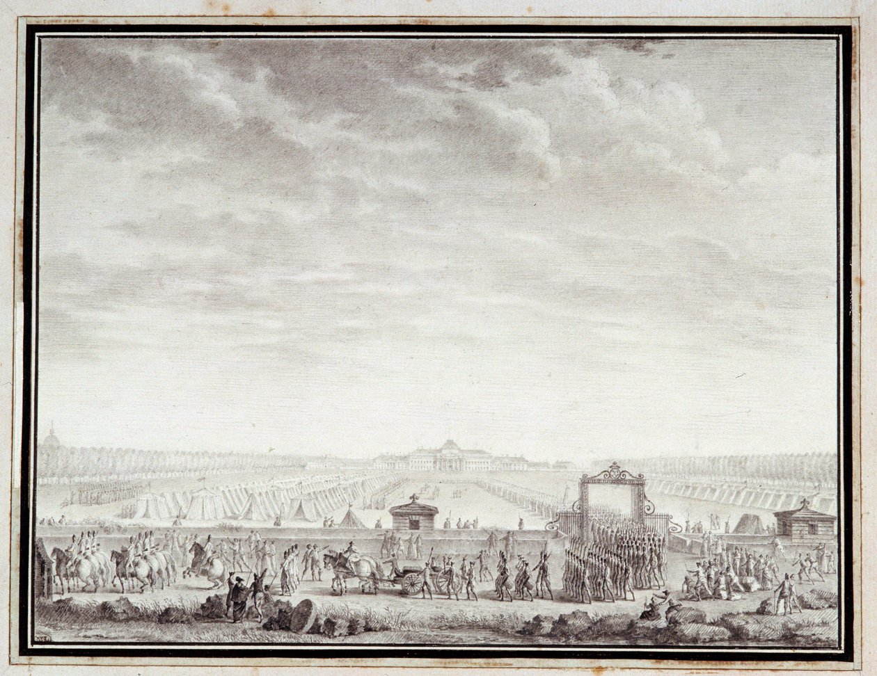 Ranskan vallankumous: "" Les troupes du Champ-de-Mars lähdössä Place Louis XV:lle: 12 juillet 1789"" Jean-Louis Prieurin (1759-1795) 1700-luvulla piirros musteella ja pesulla. Himmeä. 0,17x0,23 m. Pariisi, Musee Carnavalet tekijältä Jean Louis the Younger Prieur