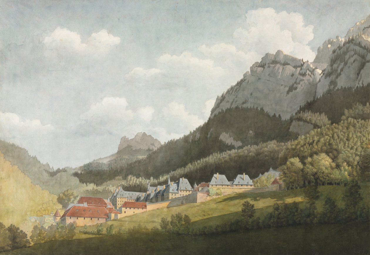 Grande Chartreusen maisema, 1700-1800-luvun loppu (akvarelli ja grafiitti ) tekijältä Jean Lubin Vauzelle