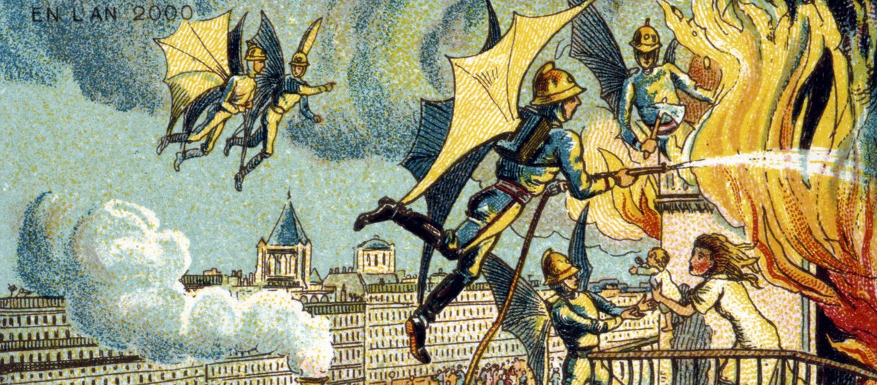 Lentävä palomies. Sarjasta Visiions of the Year 2000, 1899 tekijältä Jean Marc Côté