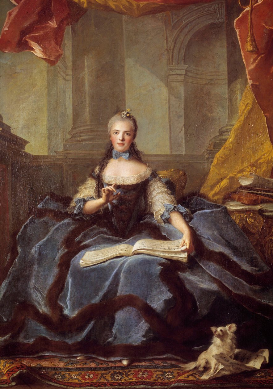 Muotokuva ranskalaisesta Marie Adelaidesta, joka tunnetaan nimellä Madame Adelaide (1732-1799), Ludvig XV:n Bien Aimen ja Marie Leszczynskan tytär, edustettuna vuonna 1758, hovipuvussa, kädessään nuottikirja Jean Marcin (Jean-Marc) Nattierin maalaus ( 1685 tekijältä Jean Marc Nattier