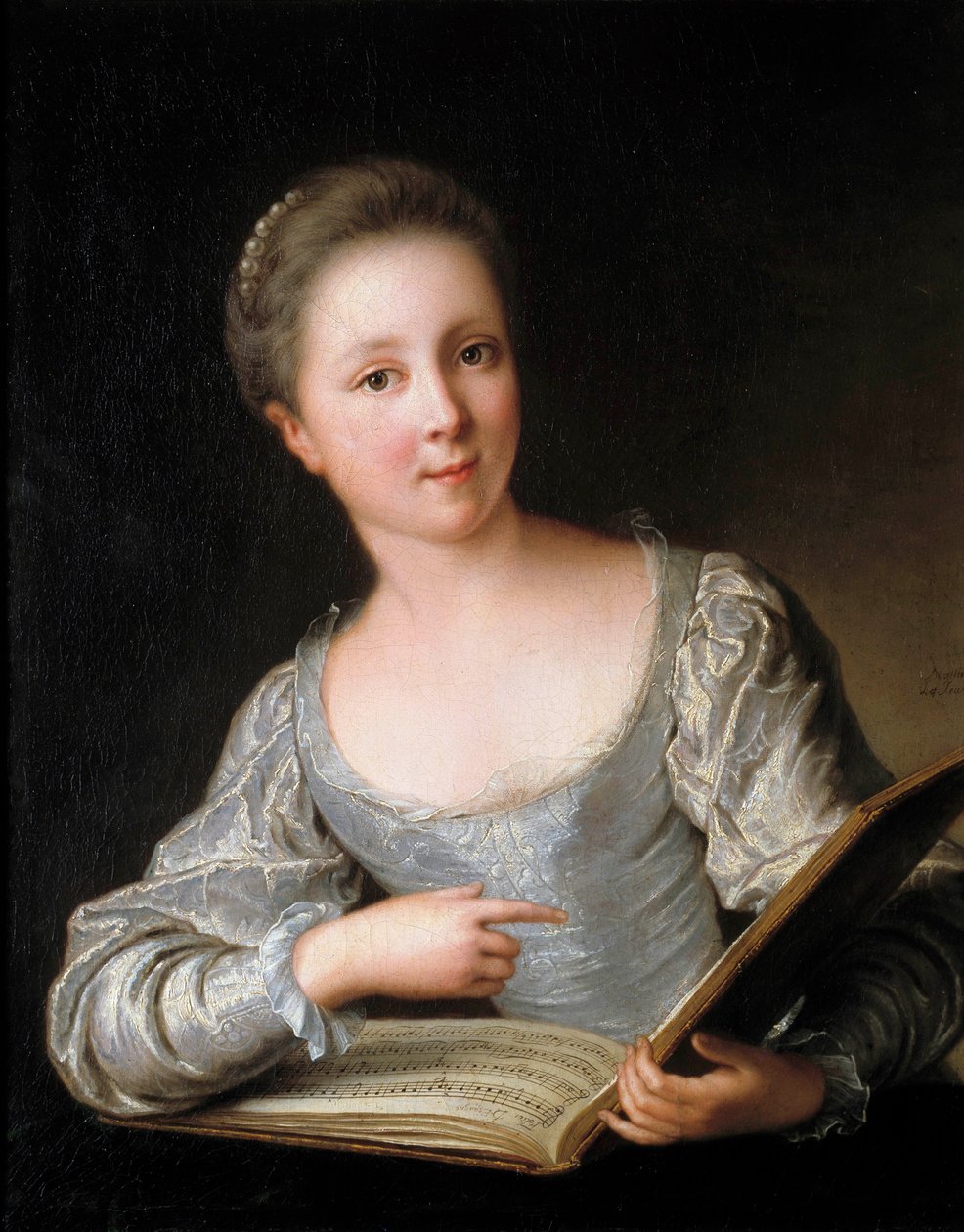 Nuoren naisen muotokuva Nuori nainen lukee nuottia - Jean Marcin (Jean-Marc) maalaus Nattier (1685-1766) 1719 Mitat 0,74 x 0,60 m tekijältä Jean Marc Nattier
