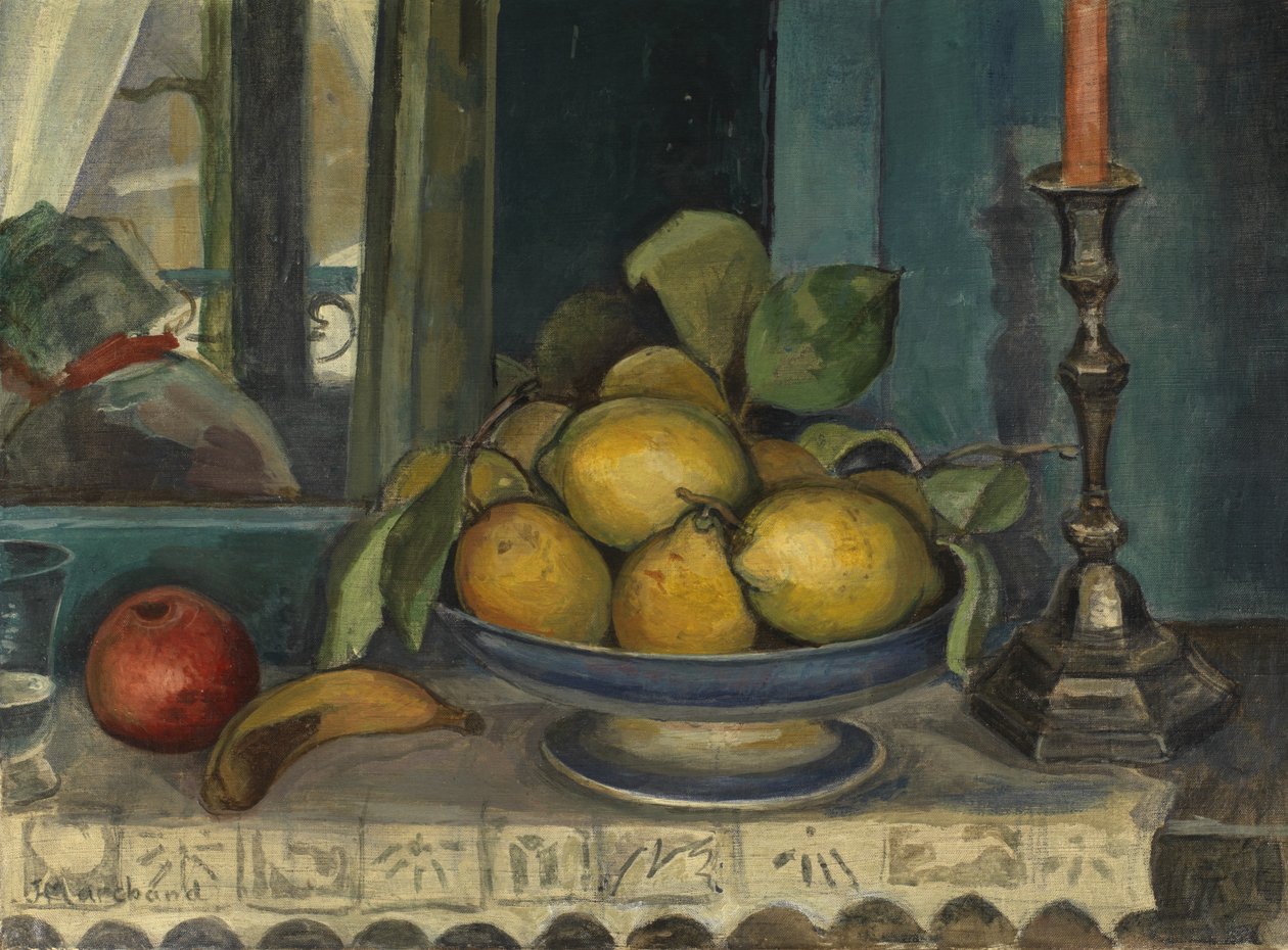 Asetelma hedelmillä ja kynttilänjalalla, n. 1920 (öljy kankaalle) tekijältä Jean Marchand