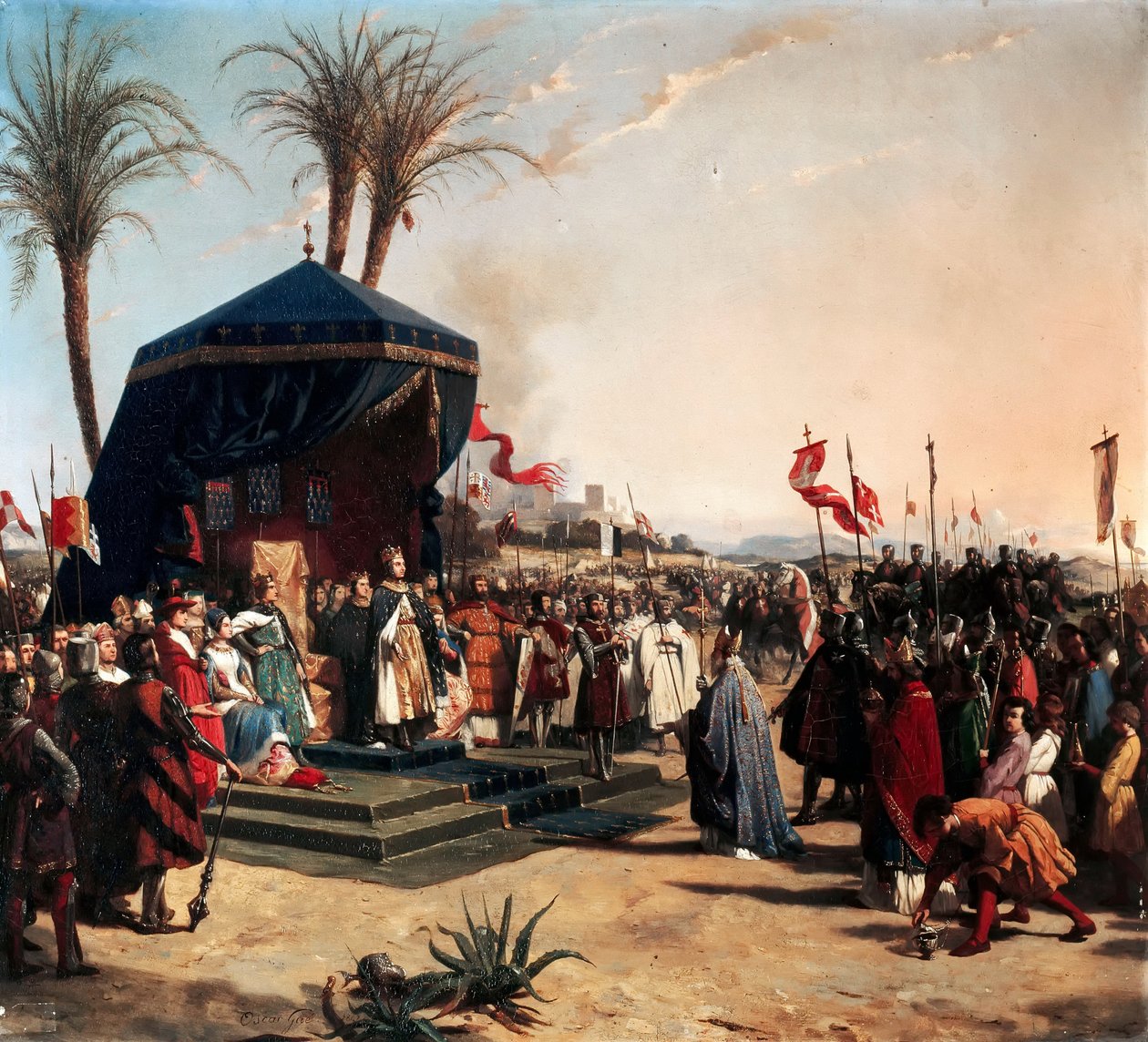 Saint Louis, Ranskan kuningas ottaa vastaan Jerusalemin patriarkan Robertin Damiettassa vuonna 1249 tekijältä Jean Marie Oscar Gué