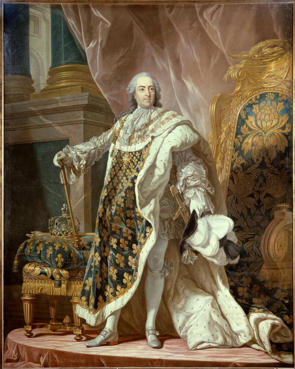 Muotokuva Louis XV:n (1710-1774) jalassa pyhässä puvussa, Ranskan kuningas. Jean Martial Fredoun (1710-1774) maalaus Louis Michel van Loon (1707-1771) mukaan 1761 Dim. 2,77x1,95 m - Ranskan kuninkaan Ludvig XV:n (1710-1774) täyspitkä muotokuva koronassa tekijältä Jean Martial Frédou