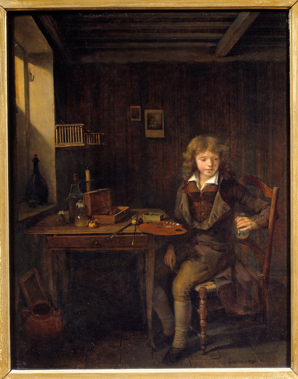 Nuori opiskelija valmistelee mestarinsa värejä Jean Michel Grobonin maalaus (1770-1853) 1800-luvun Lyon, Musee des Beaux Arts tekijältä Jean Michel Grobon