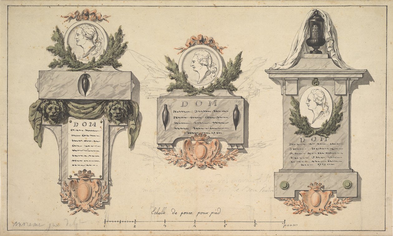 Kolme mallia hautamonumentille tai epitafille, n. 1770-90. tekijältä Jean Michel Moreau