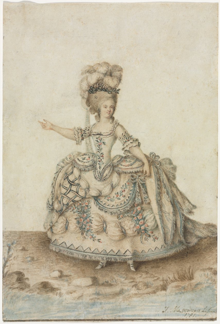 Oopperalaulajan pukututkimus, 1781. tekijältä Jean Michel Moreau le Jeune