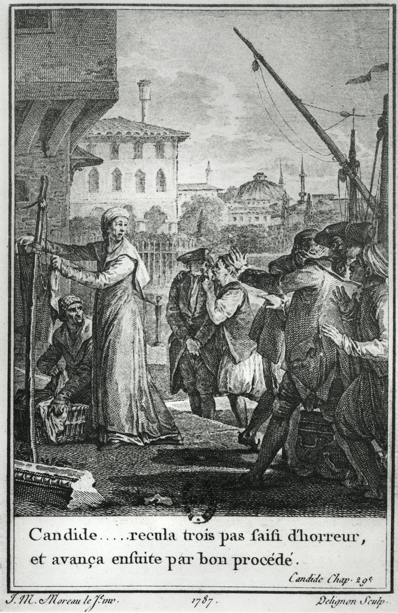 Candide ... otti kolme askelta taaksepäin kauhuissaan ja eteni sitten hyvällä menettelyllä, kuva Francois Voltairen (1694-1778) Candiden luvusta 29, jonka kaiverrus Jean Louis Delignon (1755-1804) 1787 tekijältä Jean Michel the Younger Moreau