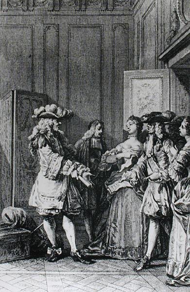 Kuvitus LImpromptu de Versaillesista, Moliere (1622-73), kaiverrus D. Nee tekijältä Jean Michel the Younger Moreau