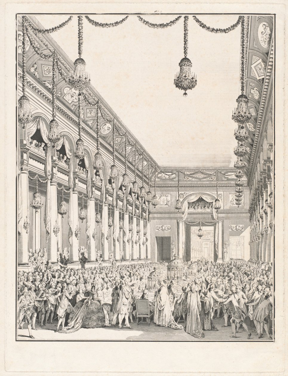 Kuninkaallinen juhla - Monseigneur Dauphinin syntymän kunniaksi 21. tammikuuta 1782 pidetty juhla tekijältä Jean Michel Moreau the Younger