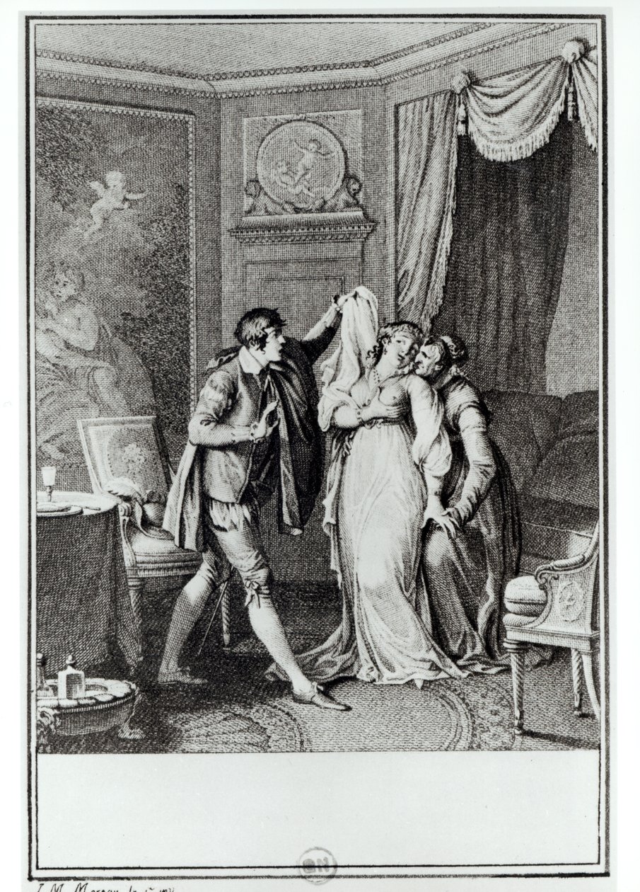 "Ota pois se verho", vanha nainen sanoi Candiden kanssa, kuvitus Francois Voltairen (1694-1778) "Candiden" luvusta 7, 1787 (kaiverrus) (bw-kuva) tekijältä Jean Michel the Younger Moreau