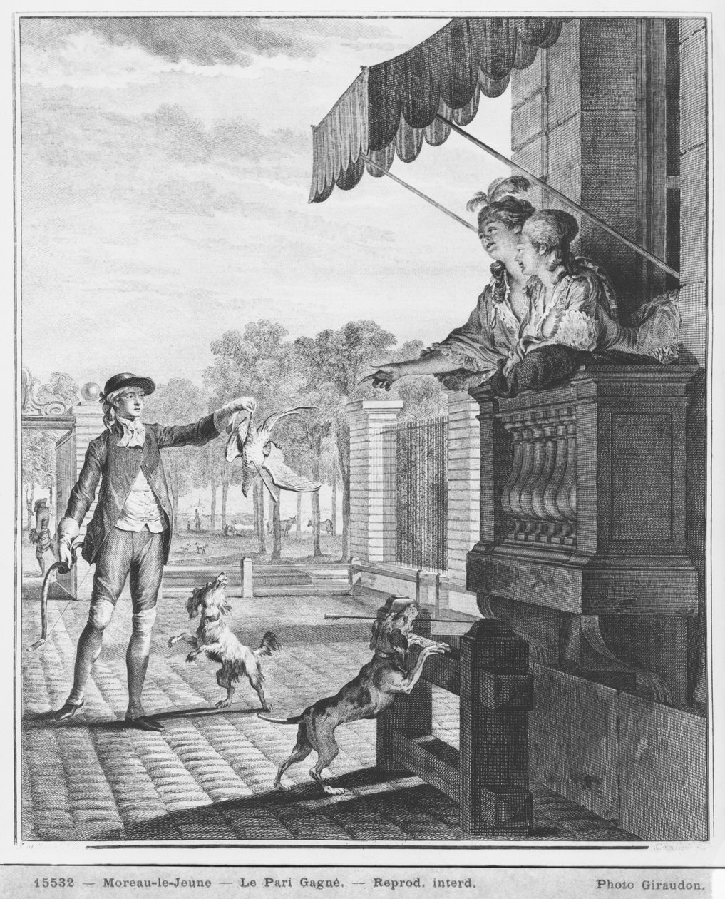 Vedonlyönti, kaiverrus Camligue (fl.1785) n.1777 (kaiverrus) (bw-kuva) tekijältä Jean Michel the Younger Moreau