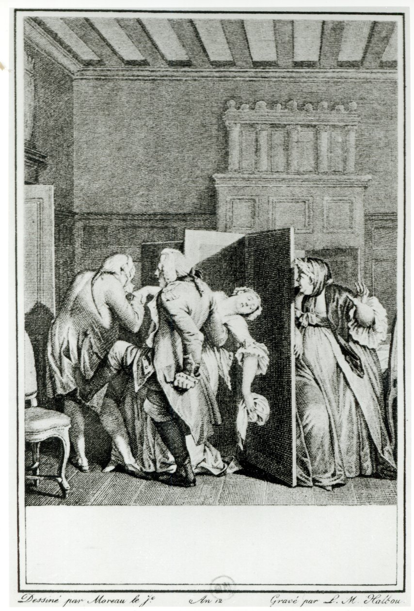 Paroni... tervehti Candidea huomattavilla potkuilla housuun ja ajoi hänet ulos ovesta. Louis Michel Halboun kaivertaman kuvituksen Francois Voltairen (1694-1778) Candiden luvusta 1 ( tekijältä Jean Michel the Younger Moreau
