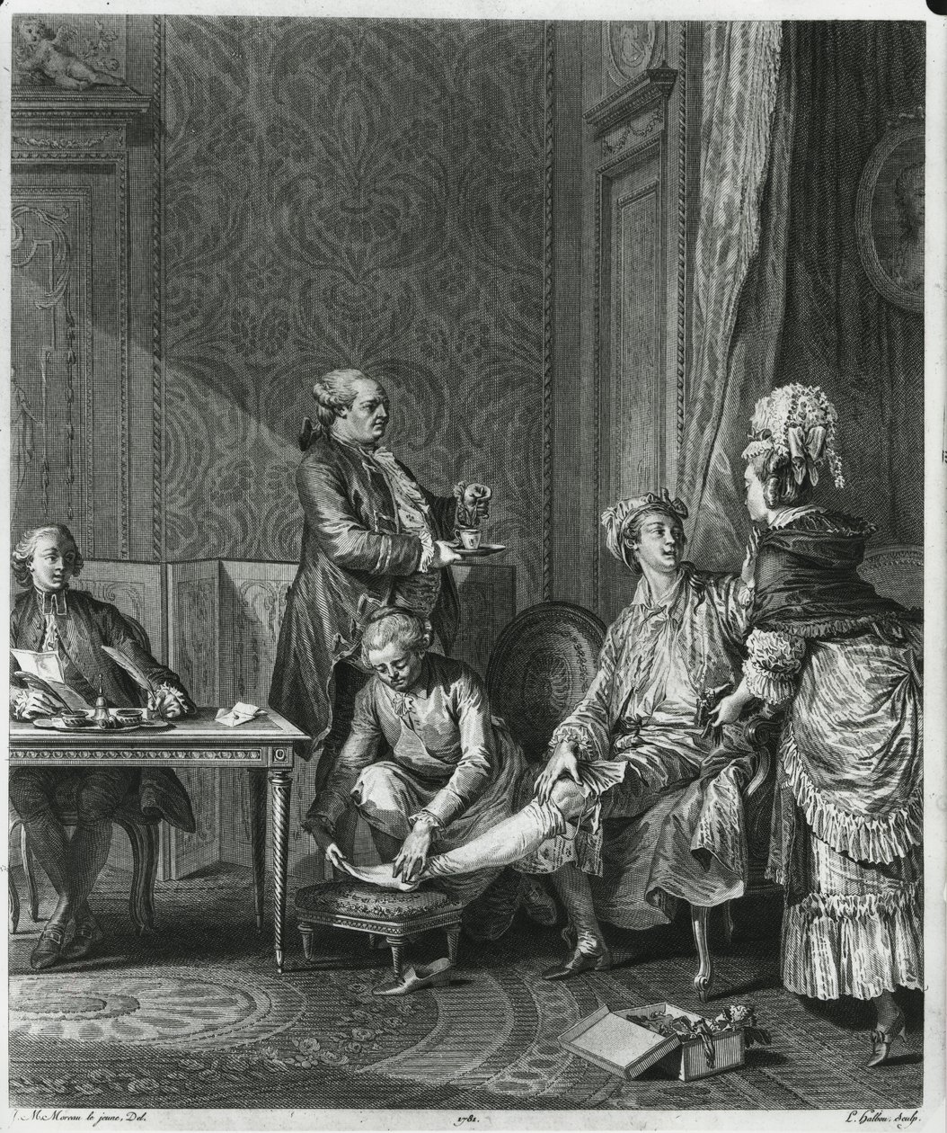 The Levee, kaiverrus Louis Michel Halbou (1730-n. 1809) 1781 tekijältä Jean Michel the Younger Moreau
