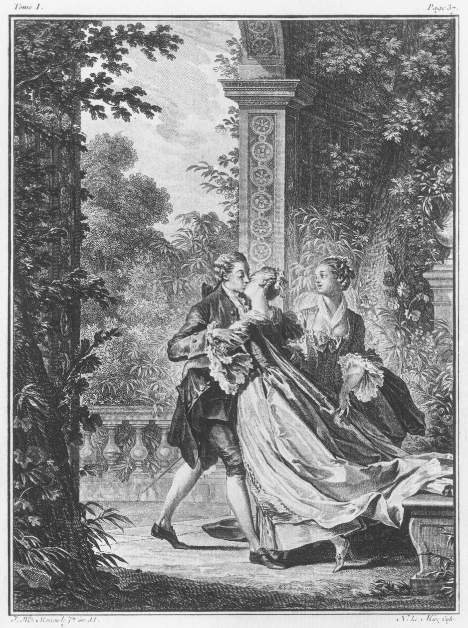 Ensimmäinen rakkauden suudelma, osa I, sivu 37, kuvitus Jean-Jacques Rousseaun (1712-78) teoksesta "La Nouvelle Heloise" Noel Le Miren (1724-1800) kaivertama tekijältä Jean Michel the Younger Moreau