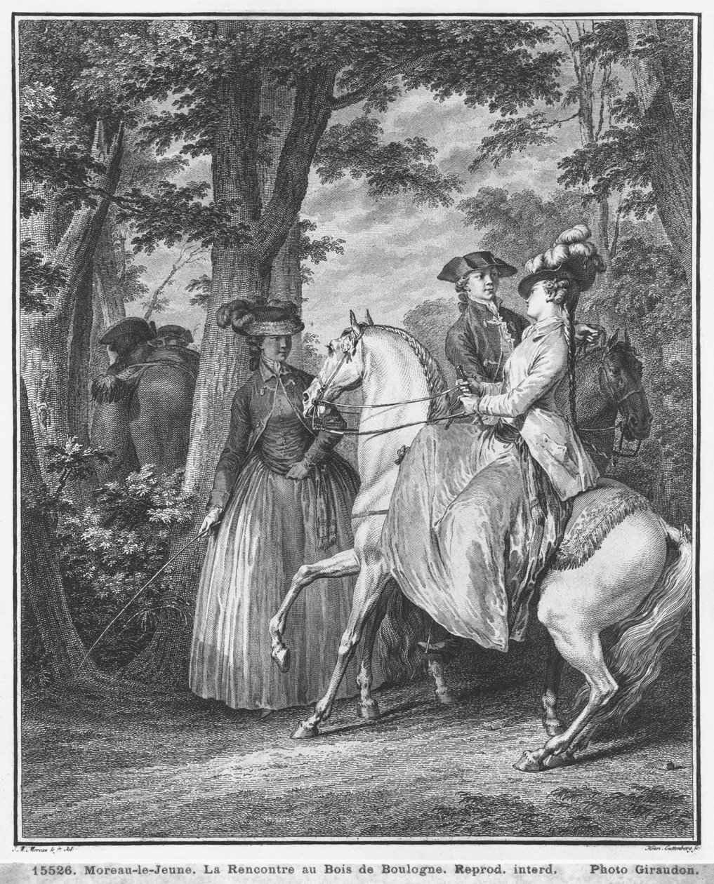 Tapaaminen Bois de Boulognessa, kaivertanut Heinrich Guttenberg (1749-1818) n. 1777 tekijältä Jean Michel the Younger Moreau
