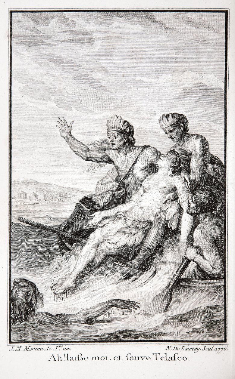 Ah! Jätä minut ja pelasta Telasco!, kuvitus Jean-Francois Marmontelin teoksesta "Inkat tai Perun valtakunnan tuho", kaiverrettu Nicolas Delaunay tekijältä Jean Michel the Younger (after) Moreau