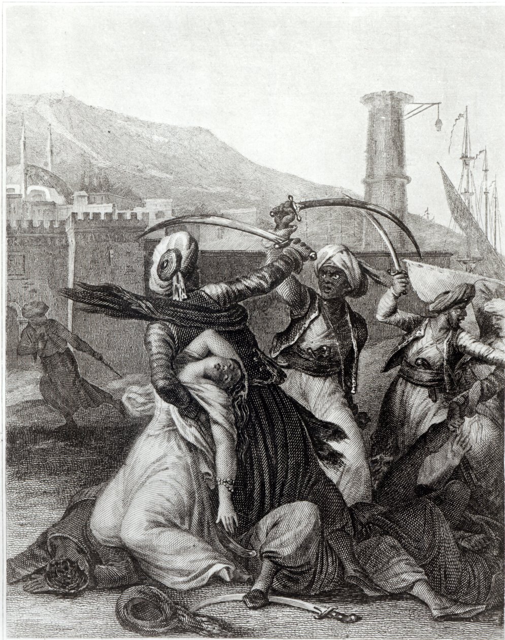 "Kapteeni piti minut piilossa takanaan ja katkaisi piirretyllä veitsillään kaikki, jotka vastustivat häntä", esimerkki Francois Voltairen (1694-1778) Candiden luvusta 11 (kaiverrus) (m/w kuva) tekijältä Jean Michel the Younger (after) Moreau
