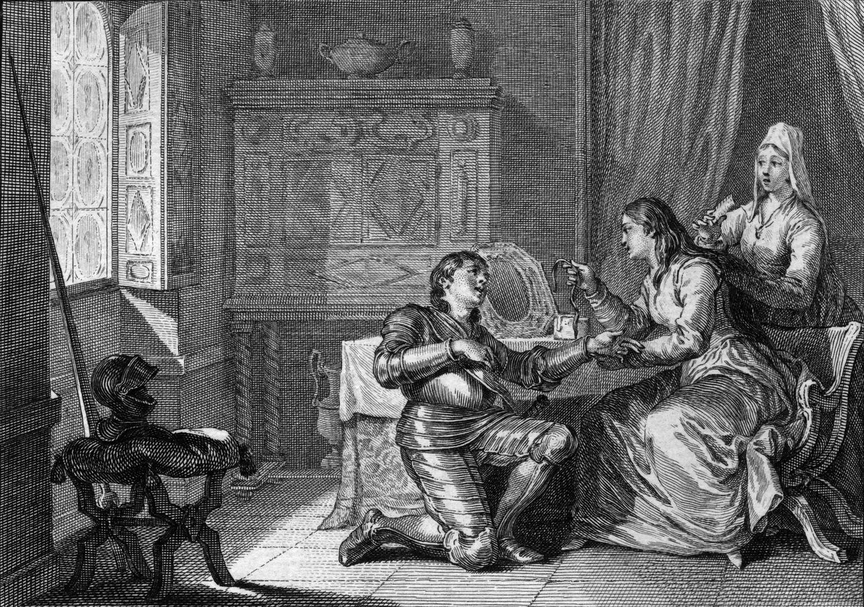 Nainen tarjoaa hiuksistaan tehdyn kangasrannekkeen ritarille rakkauden panttiksi. 10-11-luvulla. Kaiverrus Jean Michel Moreau, dit Moreau le Jeune (1741-1814) tekijältä Jean Michel the Younger Moreau