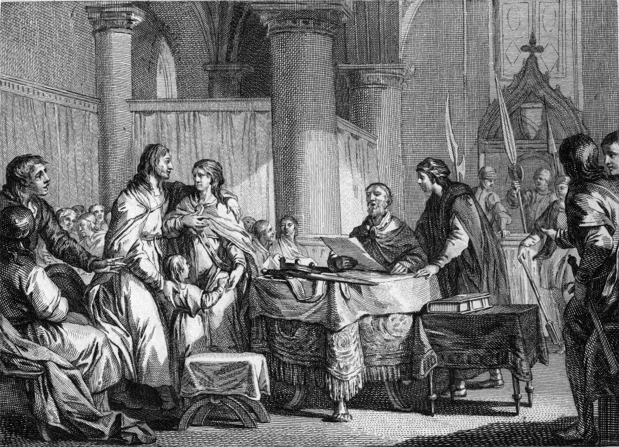 Austraasian palatsin pormestarin Carlomanin (n. 715-754) luopuminen veljensä Pepin III dit Pepin le Brief (714-768), 747 hyväksi. Kaiverrus Jean Michel Moreau, dit Moreau le Jeune ( 1741-1814) tekijältä Jean Michel the Younger Moreau