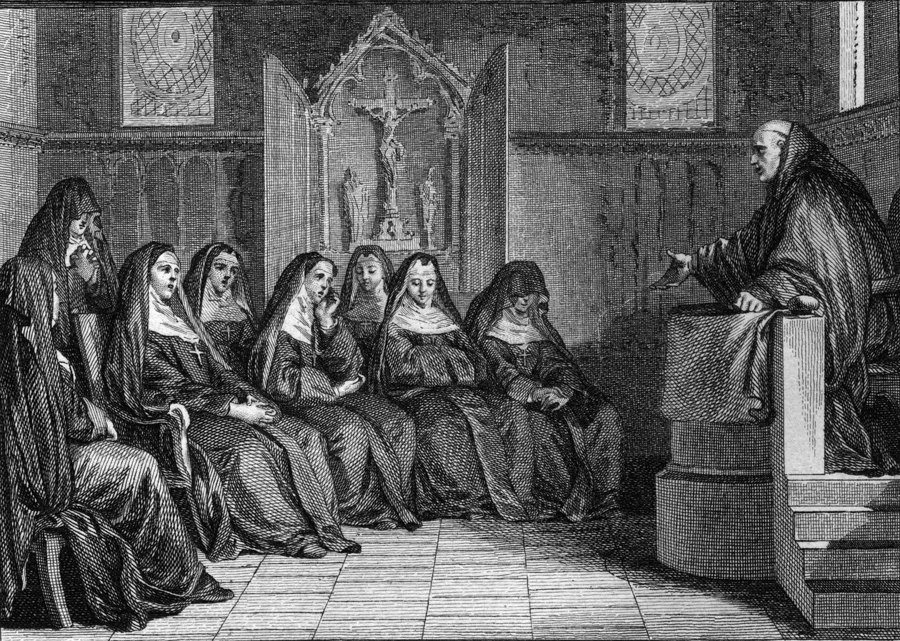 Abelard ja Heloise: Pierre Abelard tai Abailard (1079-1142) tuli Saint Denisin luostarin munkki. Kaiverrus Jean Michel Moreau, dit Moreau le Jeune (1741-1814) tekijältä Jean Michel the Younger Moreau