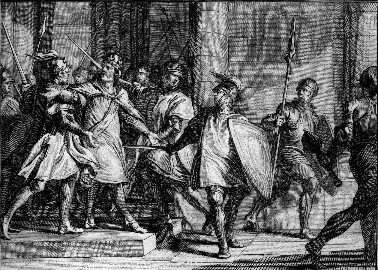 Louis 1. hurskaan eli Debonnairen (778-840), 830 pidätys: hänen kolme poikaansa (Lothaire, Pepin ja Louis) vastustavat hänen päätöstään sisällyttää hänen viimeinen poikansa, tuleva Kaarle Kalju, jälkeläisensä. Kaiverrus Jean Michel Moreau, dit Moreau le tekijältä Jean Michel the Younger Moreau