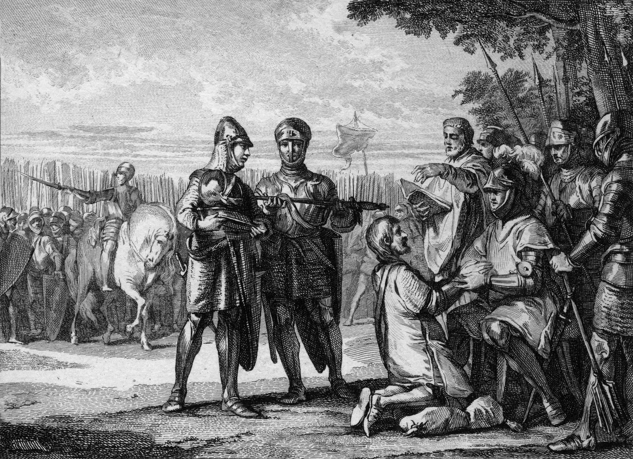 Tertryn taistelu, 687: Neutrian armeijan voittaja, Pepin the Jeune tai Herstal (noin 653-714), Austrasian prinssi, tunnustaa Neustrian kuninkaan Thierry III:n (657-691) vallan. Kaiverrus Jean Michel Moreau, dit Moreau le Jeune (1741-181 tekijältä Jean Michel the Younger Moreau