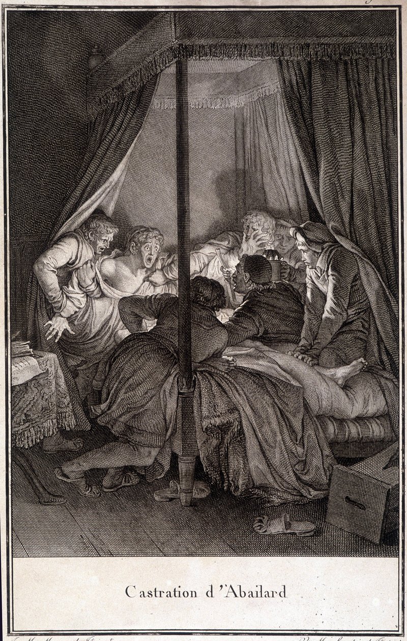 Pierre Abélardin tai Pierre Abailardin kastraatio ranskalainen filosofi ja teologi (1079-1142). kaiverrus Moreau. tekijältä Jean Michel the Younger Moreau