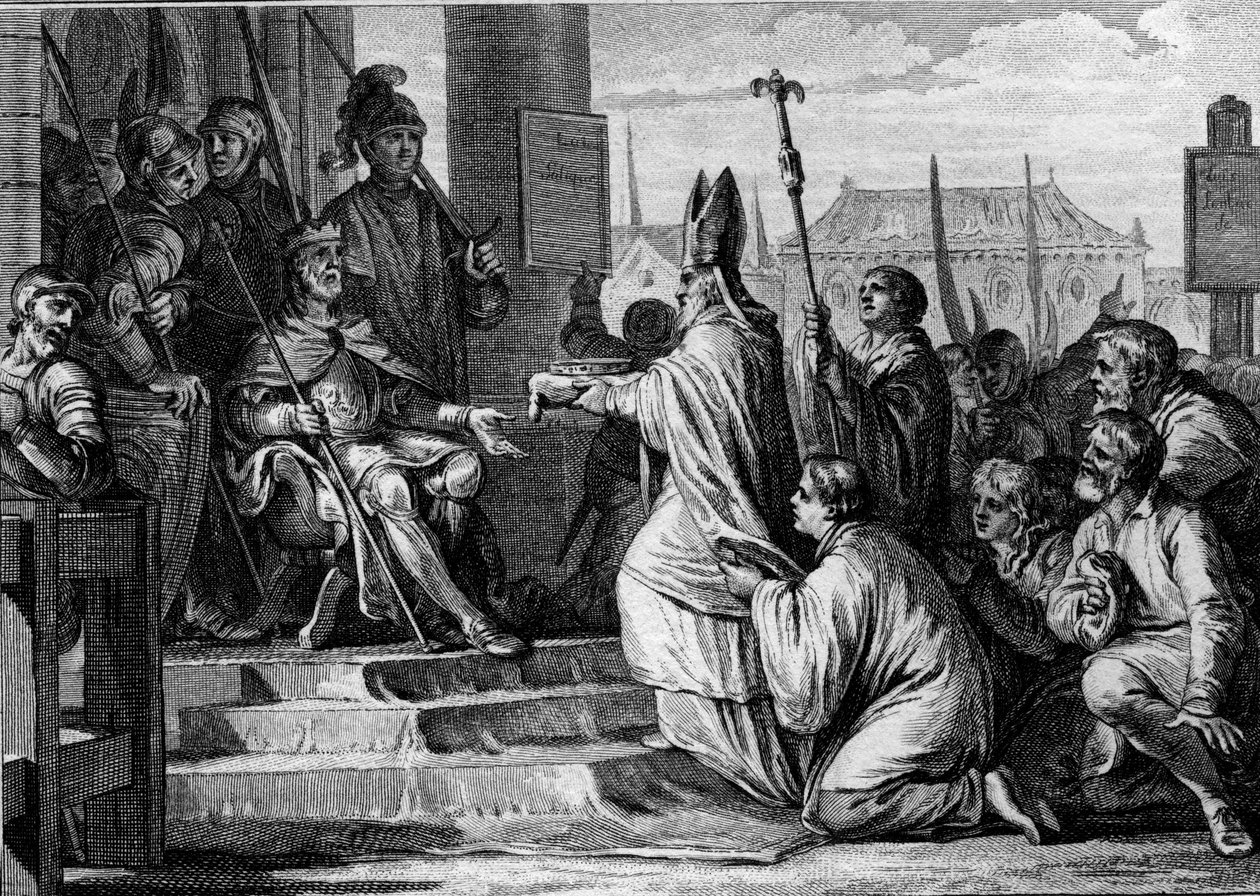 Kaarle Suuri (747-814), frankkien kuningas, vastaanottamassa Lombardian rautakruunun Milanon evequen käsistä, 774. Kaiverrus Jean Michel Moreau, dit Moreau le Jeune (1741-1814) tekijältä Jean Michel the Younger Moreau