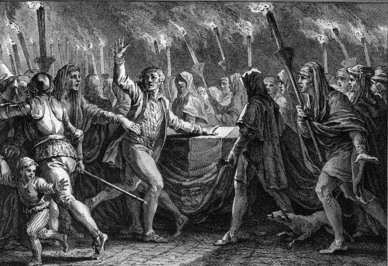 Clameur de haro William Valloittajan (1027-1087) hautajaisissa St. Stephen of Caenin luostarissa (Normandia) tekijältä Jean Michel the Younger Moreau