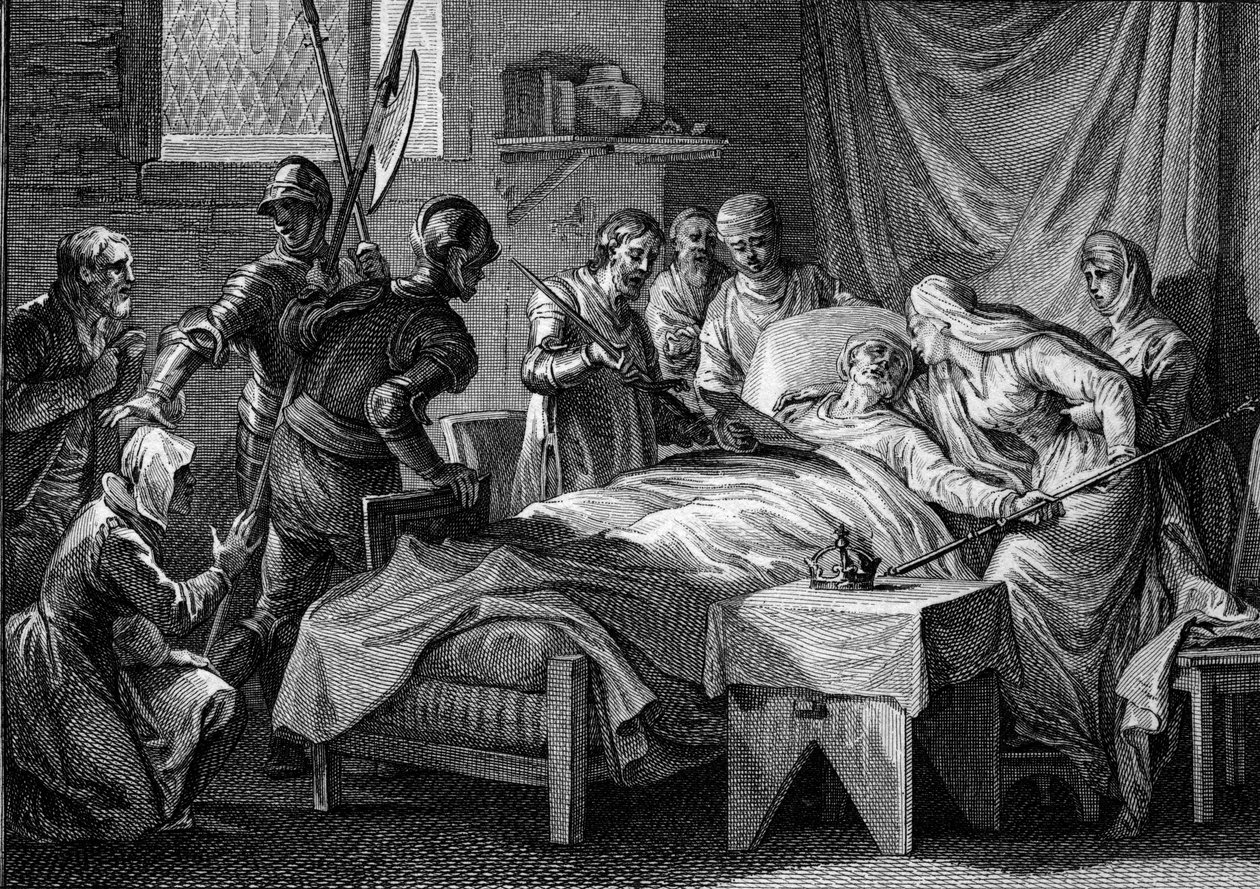 Kaarle II Kaljuun (823-877) kuolema ja perintö, 877: kuningas luovutti keisarinnalle keisarillisen kruunun, kultaisen valtikkansa, Pyhän Pietarin miekan ja testamentin, jolla hän määrää poikansa Ludvig Beguen perintöön. . Kaiverrus J tekijältä Jean Michel the Younger Moreau