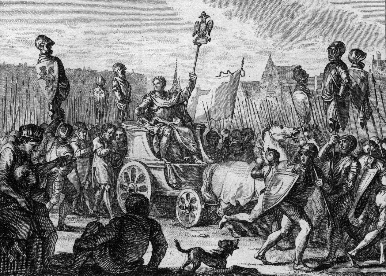 Philip II Augusten (1165-1223) tuhoaminen Pariisin kaduilla sen jälkeen, kun Ranskan armeija voitti Othon IV:n flaamilaisia ja welfiä vastaan Bouvinesin taistelussa tekijältä Jean Michel the Younger Moreau
