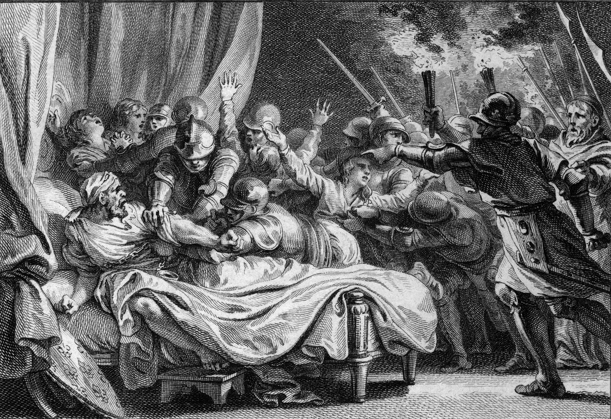 Karolingien dynastian loppu, 988: Hugues Capet (941-996) ja hänen armeijansa pidättivät Ala-Lorrainen herttua Charlesin (953-991). Kaiverrus Jean Michel Moreau, dit Moreau le Jeune (1741-1814) tekijältä Jean Michel the Younger Moreau