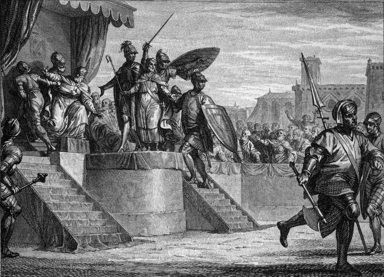 Merovingien dynastian loppu, 751: Pepin Briefin (714-768) kuningas Childeric III:n (n. 714-754) vallankaappaus. Kaiverrus Jean Michel Moreau, dit Moreau le Jeune (1741-1814) tekijältä Jean Michel the Younger Moreau