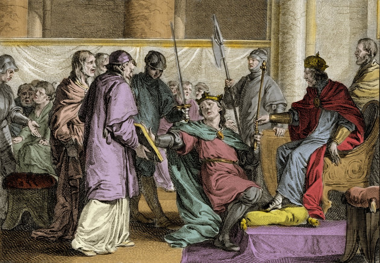 Erispoe (kuoli 857), Bretagnen kuningas (Herispogius - Hervspogius - Respogius) sai valtakunnan koristeet Kaarle II Kaljuun (823-877), 851 käsistä. Kaiverrus Jean Michel Moreau, dit Moreau le Jeune (1741) - 1814) tekijältä Jean Michel the Younger Moreau