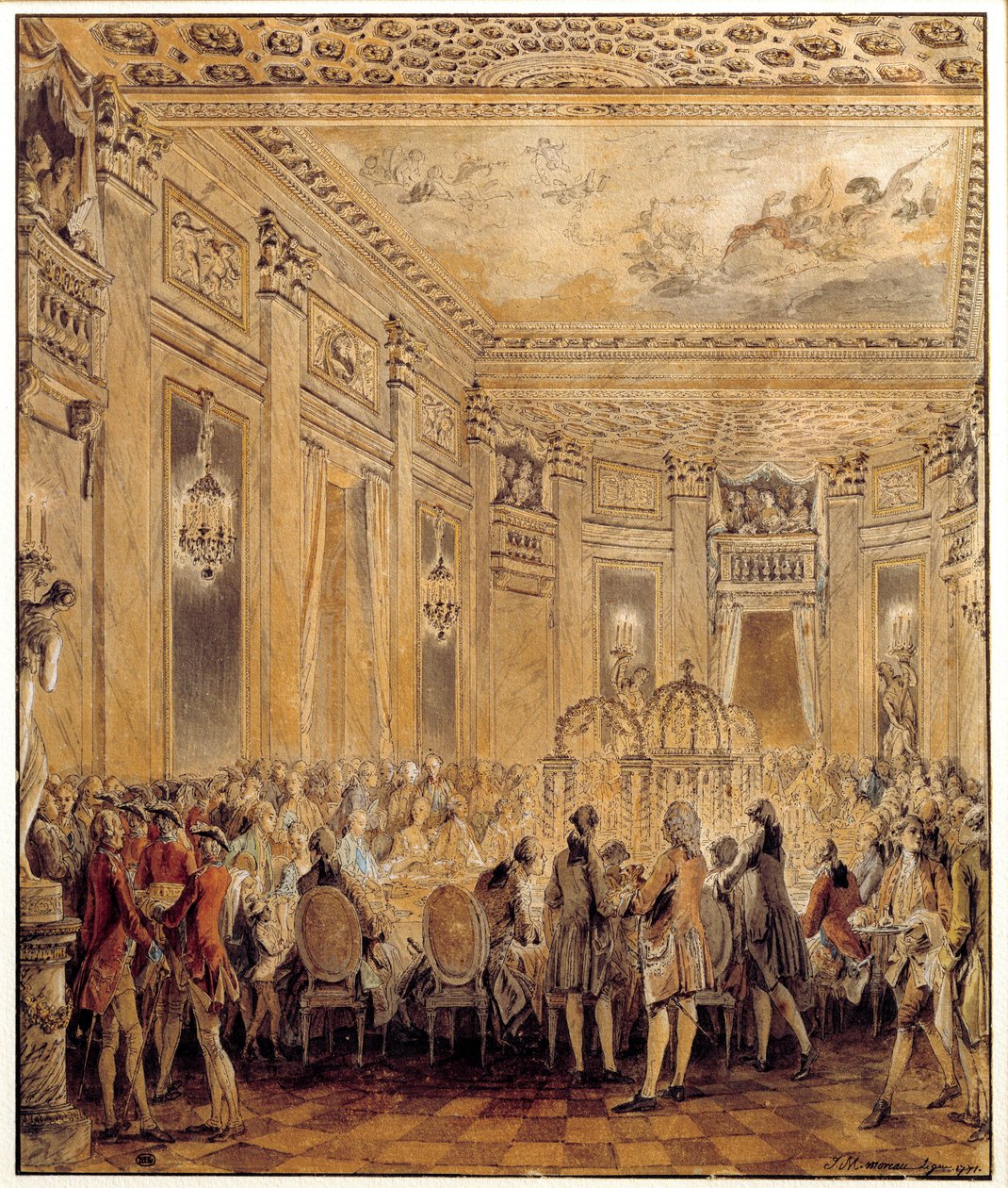 Ludvig XV:n rakastajatar, Barryn kreivitär (tai rouva) Jeanne Becu (1743-1793) piti juhlat Louveciennesin linnassa 2.9.1771 Jean Michel Moreau le Jeunen (1741-1814) akvarelli. Aurinko 0,31x0,26 m Pariisi, musee du Louvre tekijältä Jean Michel the Younger Moreau