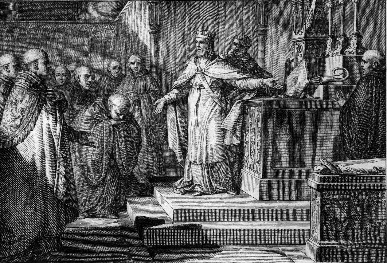 Hugues Capet (941-996) järjesti uudelleen kanoniset vaalit: frankkien kuningas antoi munkkien valita abbeensa asettamalla alttarille ristin ja hiiran. Kaiverrus Jean Michel Moreau, dit Moreau le Jeune (1741-1814) tekijältä Jean Michel the Younger Moreau