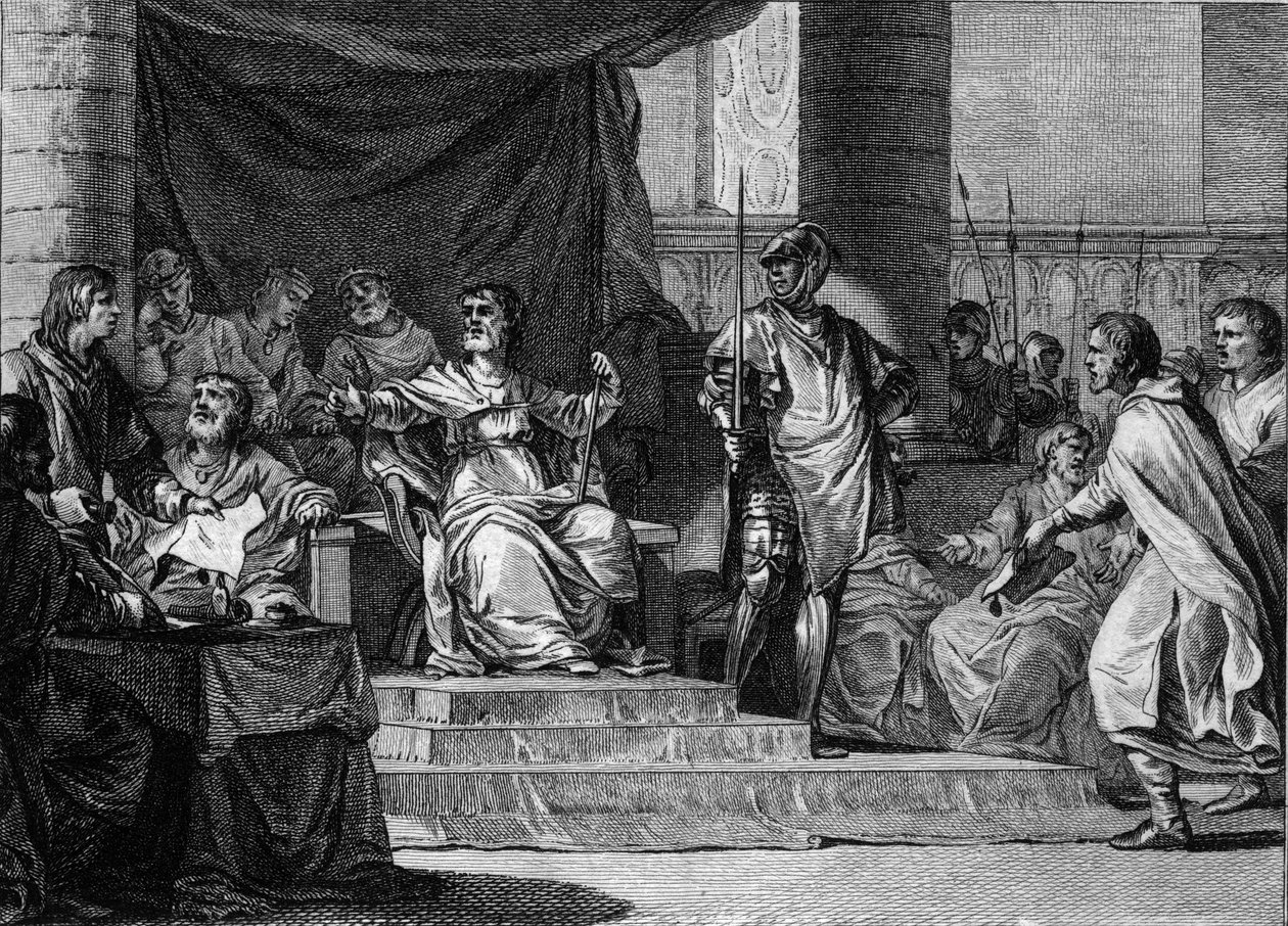 Kuvitteellinen esitys Merovingien "laiskojen kuninkaiden" hallituskaudesta: Clovis III (682-695), Childebert III (683-711) ja Dagobert III (noin 697-715) nukkuvat ja istuvat Pepin le Jeunen tai Herstalin palatsin pormestarin takana (noin 653-714). Kaiverru tekijältä Jean Michel the Younger Moreau