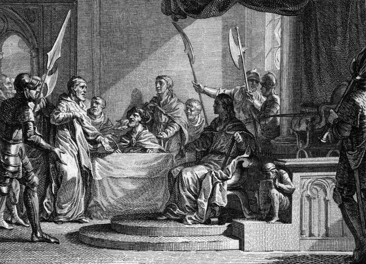 Interregne de Charles Martel, 737: Charles Martel, palatsin pormestari, interregne Thierry IV:n (713-737) kuoleman jälkeen. Kaiverrus Jean Michel Moreau, joka tunnetaan nimellä Moreau nuorempi (1741-1814) tekijältä Jean Michel the Younger Moreau
