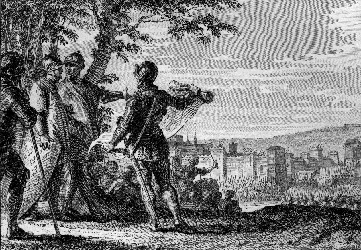 Kuningas Ludvig III (863-882) ja Carloman II (867-884) piirittävät Wienin kaupunkia, 883. Kaiverrus Jean Michel Moreau, dit Moreau le Jeune (1741-1814) tekijältä Jean Michel the Younger Moreau