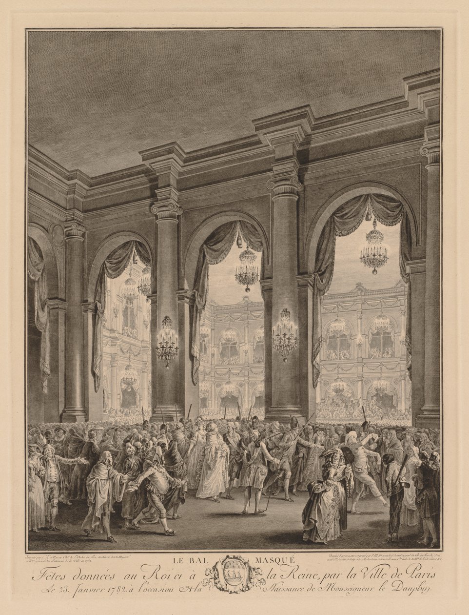 Naamiopallo annettiin Hôtel de Villessa 23. tammikuuta 1782. tekijältä Jean Michel the Younger Moreau