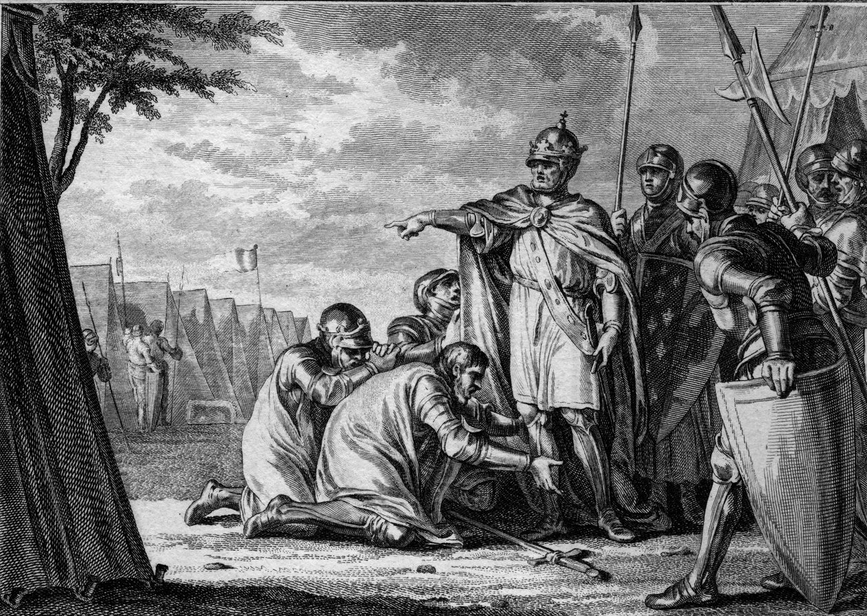 Louis I hurskas eli Debonnaire (778-840) antaa anteeksi pojalleen Lothairelle (795-855), joka kumartuu jaloilleen. 834. Kaiverrus Jean Michel Moreau, dit Moreau le Jeune (1741-1814) tekijältä Jean Michel the Younger Moreau
